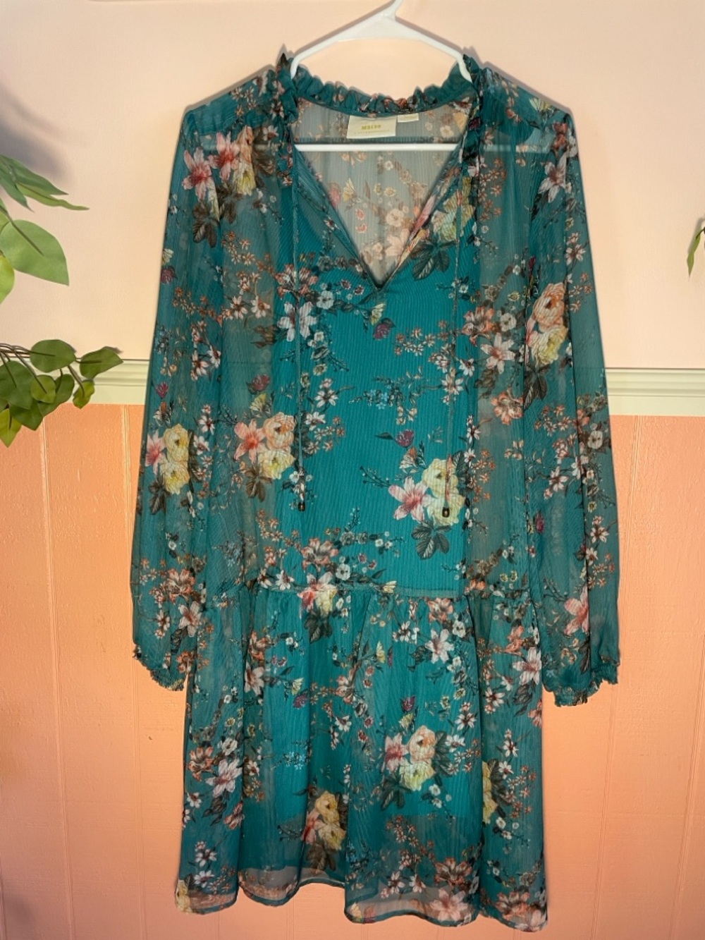 Maeve by Anthropologie Teal Floral Long-Sleeve Dress, Size Medium
